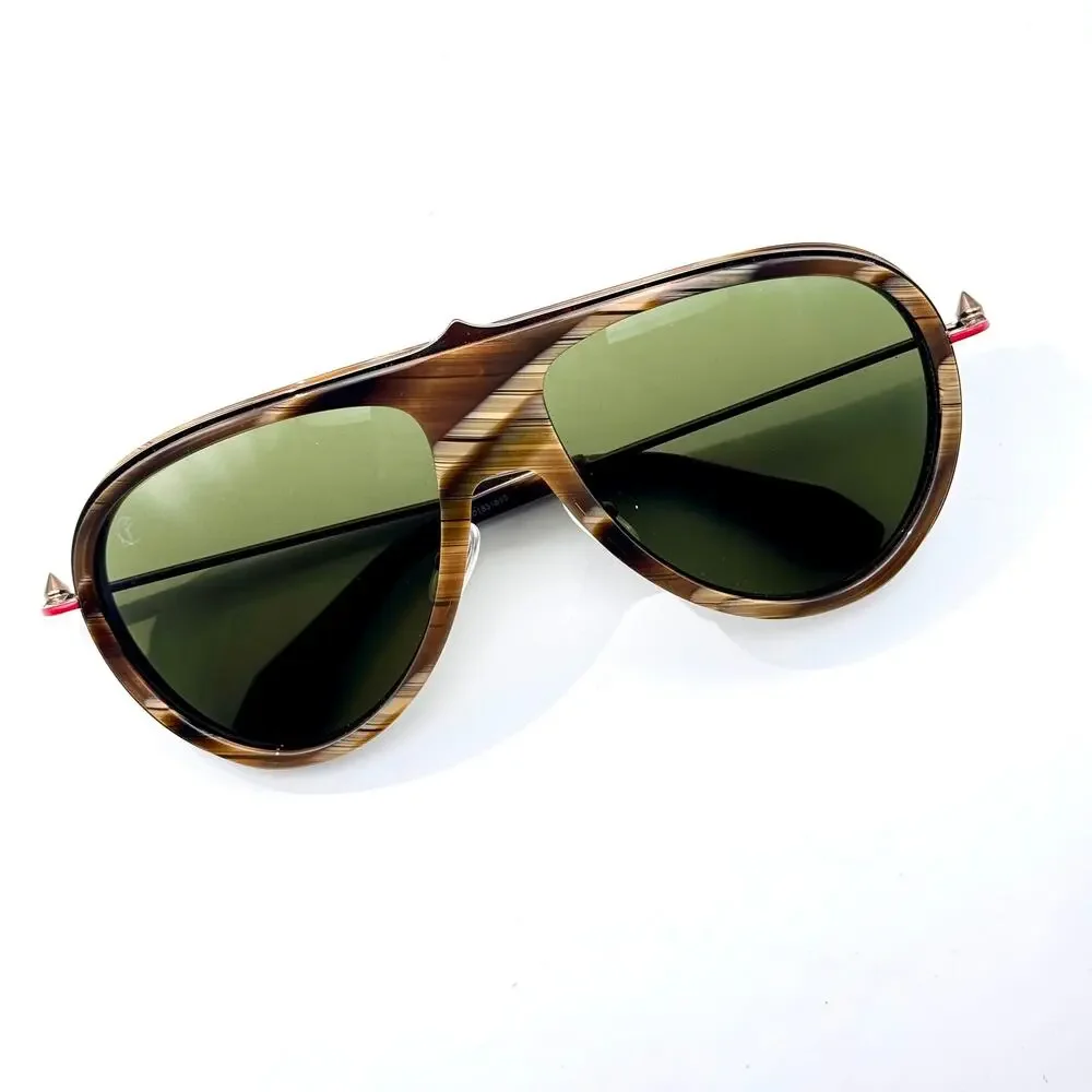 Louboutin Sunglasses Greggo LB0004 62N Brown Horn Aviator Frame Green Lens 61mm